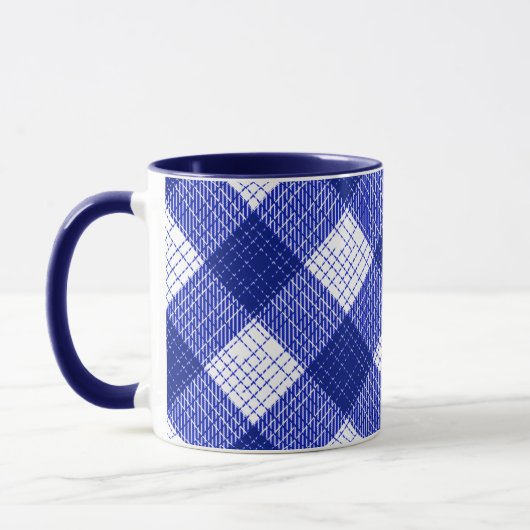 Blue and White Bold Checkered Plaid Design  マグカップ (左)