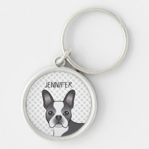 Blue And White Boston Terrier Cartoon Dog & Name キーホルダー