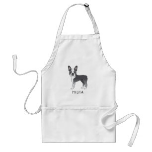 Blue And White Boston Terrier Cartoon Dog & Name スタンダードエプロン
