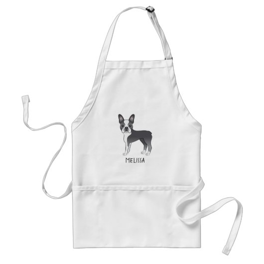 Blue And White Boston Terrier Cartoon Dog & Name スタンダードエプロン (正面)