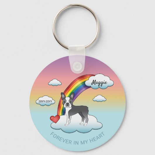Blue And White Boston Terrier Rainbow Memorial キーホルダー (正面)