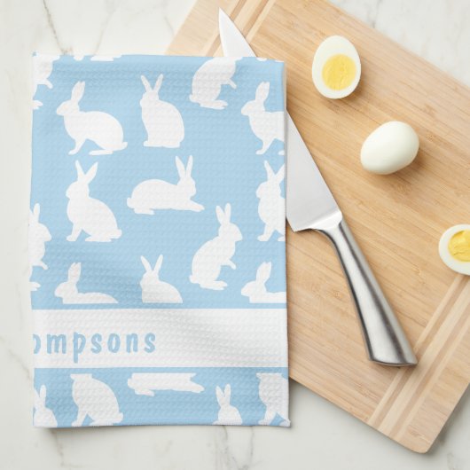 Blue And White Bunny Pattern And Name Easter キッチンタオル (四つ折り)