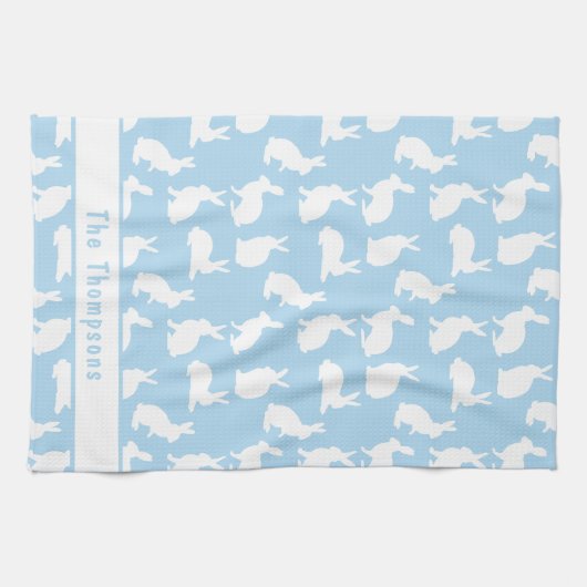 Blue And White Bunny Pattern And Name Easter キッチンタオル (横)