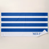 Blue And White Cabana Stripe Personalized Name ビーチタオル (正面)