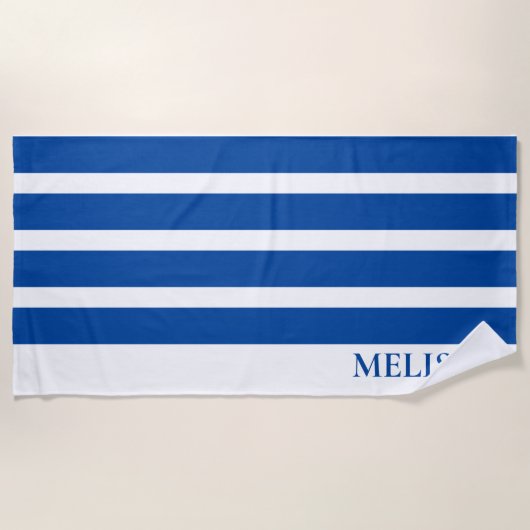 Blue And White Cabana Stripe Personalized Name   ビーチタオル (正面)