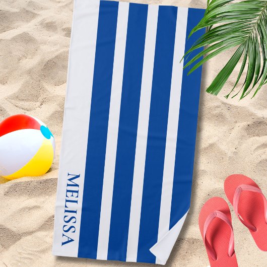 Blue And White Cabana Stripe Personalized Name ビーチタオル