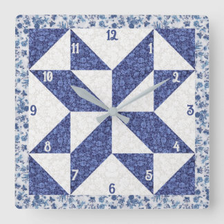 Blue and White Calico Pinwheel Faux Quilt スクエア壁時計