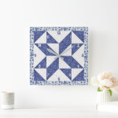Blue and White Calico Pinwheel Faux Quilt スクエア壁時計 (ホーム)
