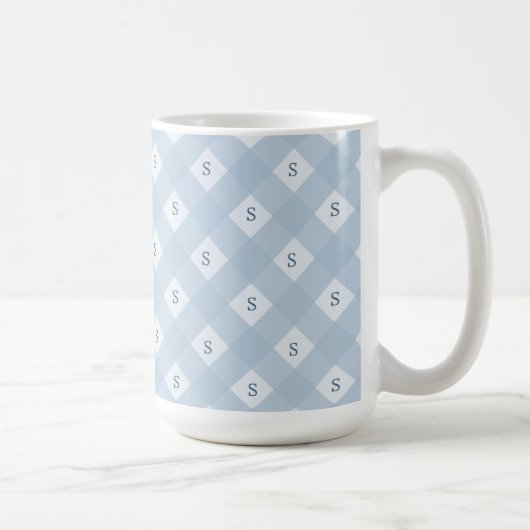 Blue and White Checkered Pattern with Initial コーヒーマグカップ (右)