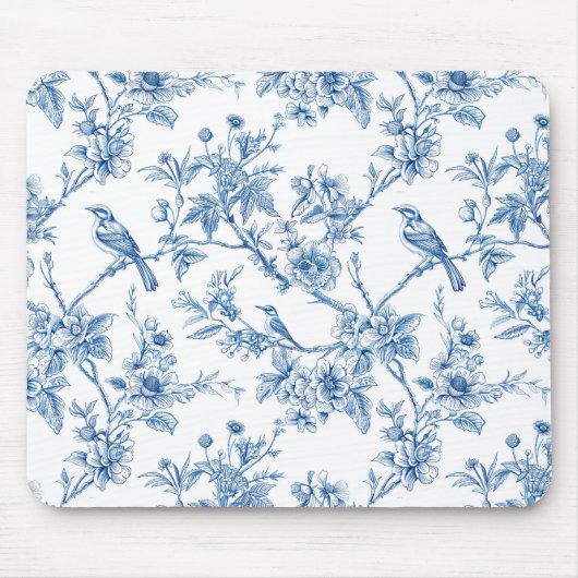 Blue and White Chinoiserie Floral Birds マウスパッド (正面)