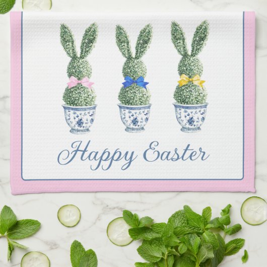 Blue and White Chinoiserie With Rabbit Topiaries キッチンタオル (折り畳み)