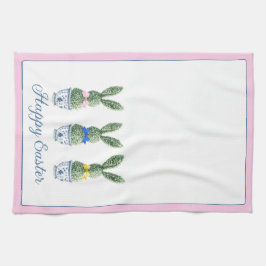 Blue and White Chinoiserie With Rabbit Topiaries キッチンタオル