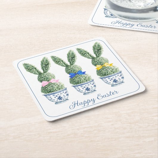 Blue and White Chinoiserie With Rabbit Topiaries スクエアペーパーコースター (アングル)