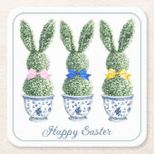 Blue and White Chinoiserie With Rabbit Topiaries スクエアペーパーコースター (正面)