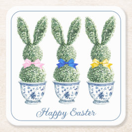 Blue and White Chinoiserie With Rabbit Topiaries スクエアペーパーコースター