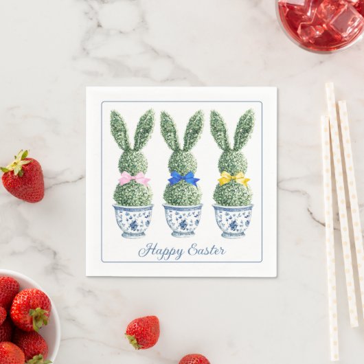 Blue and White Chinoiserie With Rabbit Topiaries スタンダードカクテルナプキン (インサイチュ)