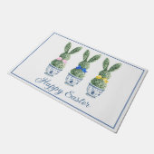 Blue and White Chinoiserie With Rabbit Topiaries ドアマット (アングル)
