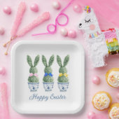 Blue and White Chinoiserie With Rabbit Topiaries ペーパープレート (パーティー)