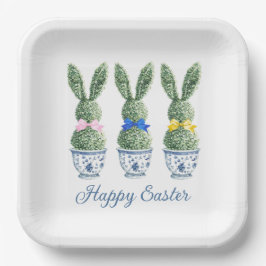 Blue and White Chinoiserie With Rabbit Topiaries ペーパープレート