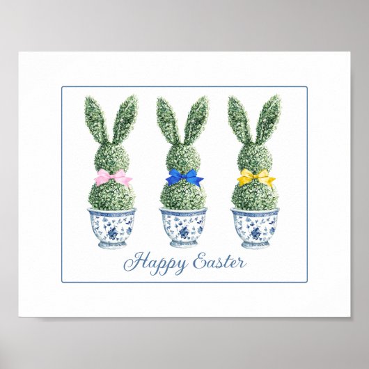Blue and White Chinoiserie With Rabbit Topiaries ポスター (正面)