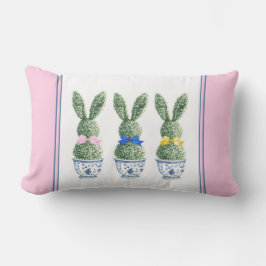 Blue and White Chinoiserie With Rabbit Topiaries ランバークッション