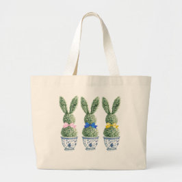 Blue and White Chinoiserie With Rabbit Topiaries ラージトートバッグ