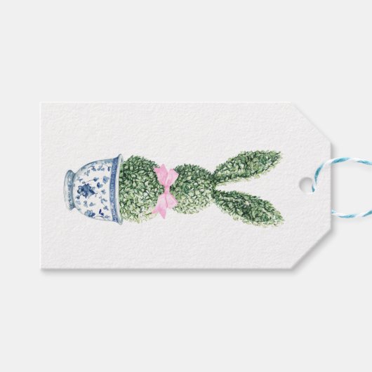 Blue and White Chinoiserie With Rabbit Topiary ギフトタグ (正面(横))