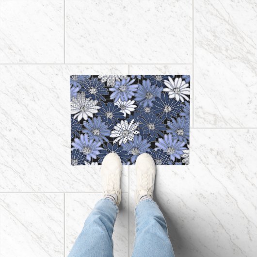 Blue and white daisy pattern ドアマット (室内)