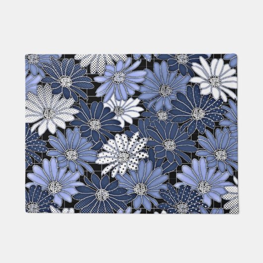 Blue and white daisy pattern ドアマット (正面)