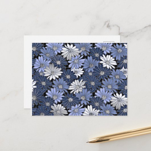 Blue and white daisy pattern ポストカード (正面/裏面インサイチュ)