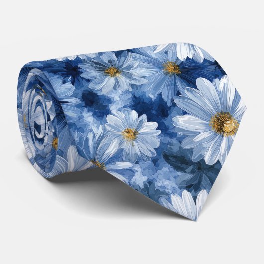 Blue and White Daisy Watercolor Pattern ネクタイ (ロール)