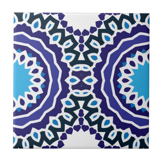 Blue and White Ethnic Bohemian Mosaic Pattern タイル (正面)