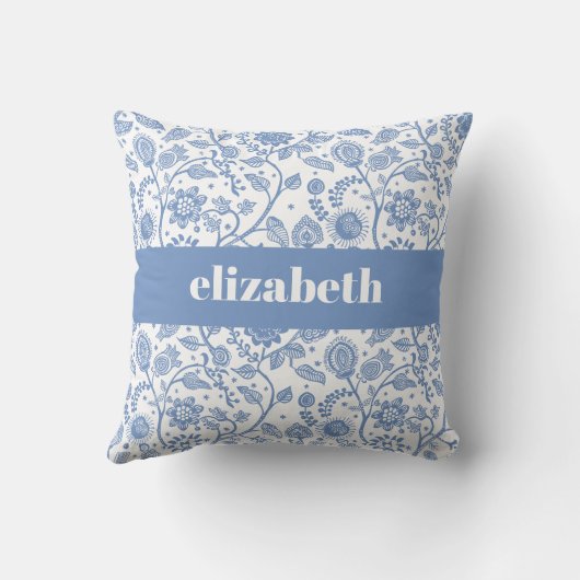 Blue and White Floral Botanical Custom Name Modern クッション (裏面)