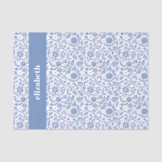 Blue and White Floral Botanical Custom Name Modern 薄葉紙 (正面)