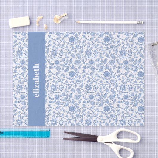 Blue and White Floral Botanical Custom Name Modern 薄葉紙 (クラフト)