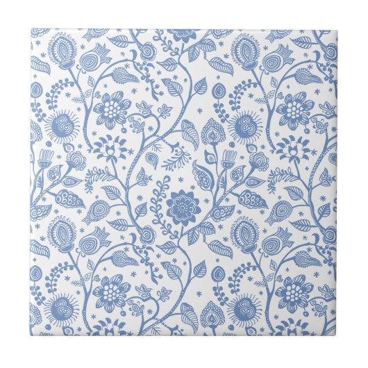 Blue and White Floral Botanical Pattern Modern タイル (正面)