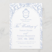 Blue and White Floral Chinoiserie Monogram Wedding 招待状 (正面)