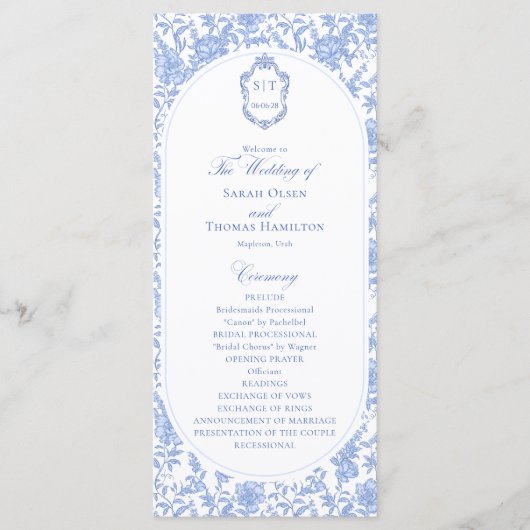 Blue and White Floral Chinoiserie Wedding Program (正面)