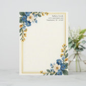 Blue and White Floral Corners Stationery Paper レターヘッド (スタンド正面)