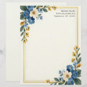 Blue and White Floral Corners Stationery Paper レターヘッド (正面/裏面)