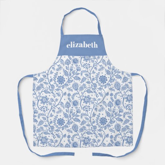 Blue and White Floral Custom Name Botanical Bold エプロン (正面)
