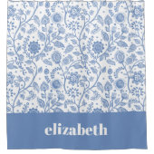 Blue and White Floral Custom Name Botanical Modern シャワーカーテン (正面)