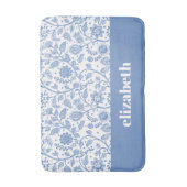 Blue and White Floral Custom Name Botanical Modern バスマット (正面縦)