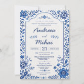 Blue and White Floral Elegant Botanical Classic 招待状 (正面)