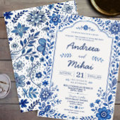 Blue and White Floral Elegant Botanical Classic 招待状