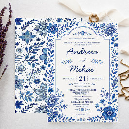 Blue and White Floral Elegant Botanical Classic 招待状