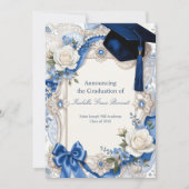 Blue and White Floral Graduation Invitation Card 招待状 (正面)