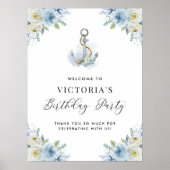 Blue and White Floral Nautical Birthday Welcome ポスター (正面)