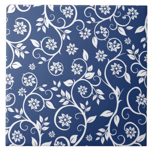 blue and white floral pattern  タイル (正面)