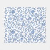 Blue and White Floral Pattern Botanical Boho Chic フリースブランケット (正面(横))